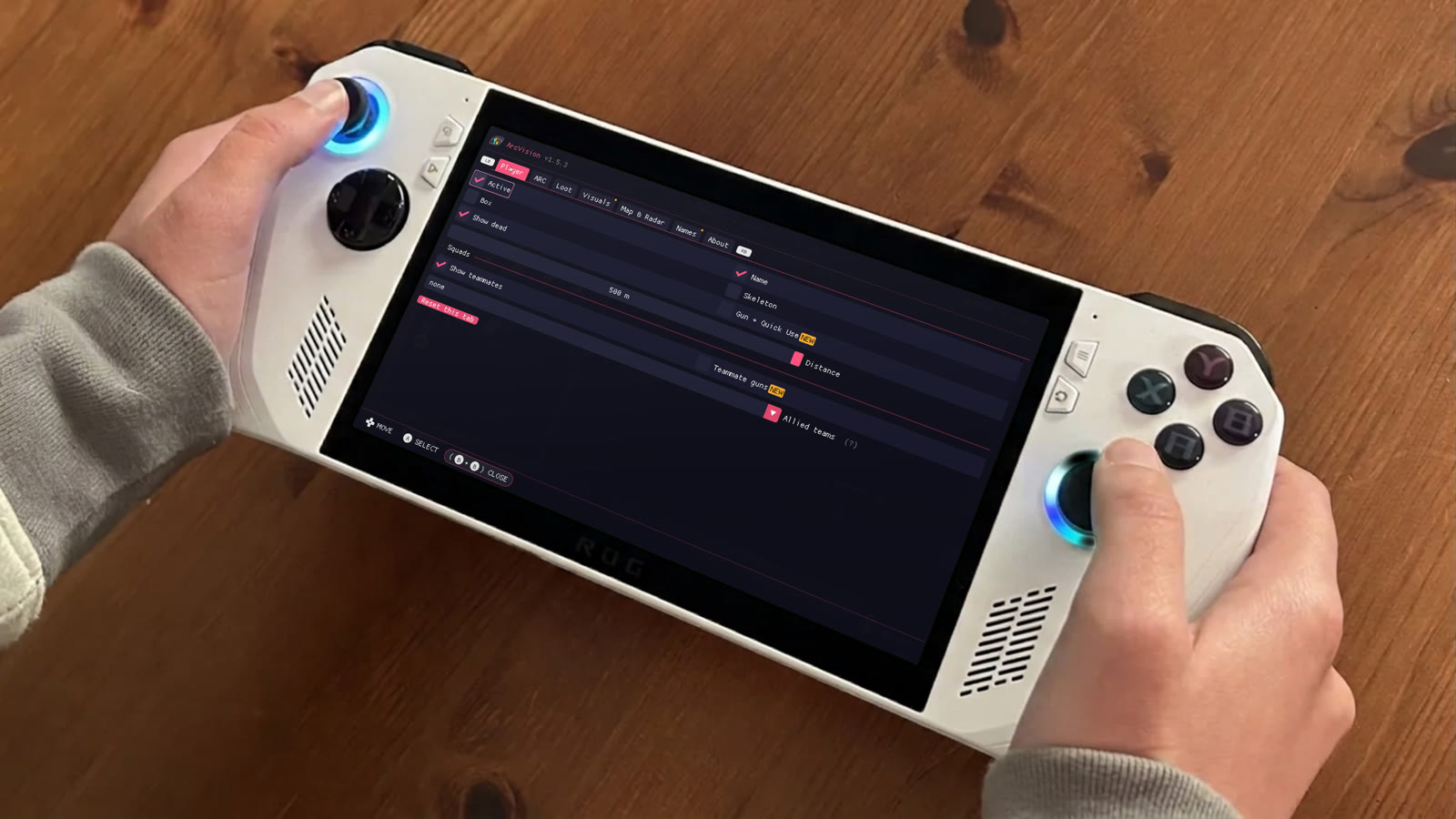 ArcVision settings, Player tab, on a ROG Ally